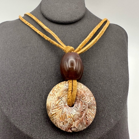 Coral Fossil “Dragon Bone” Donut Pendant and Ocean Jasper Bead on Suede Rope - Picture 3 of 13